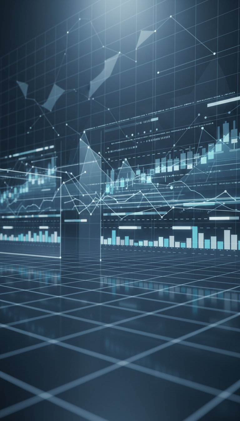 A graphic, data-driven scene of automated trading algorithms at work, visualized as abstract, flowing lines of digital code weaving seamlessly through transparent, layered charts and indicator bars in desaturated blues, silvers, and grays. The backdrop is a geometric, grid-patterned environment, softly lit with cool, even illumination, providing a sense of depth and dimension without distraction. The composition uses a panoramic wide-angle perspective, balanced for visual clarity and structured logic. The mood is precise, technical, and futuristic—aligning with the advanced, trustworthy ethos of a professional trading software brand.