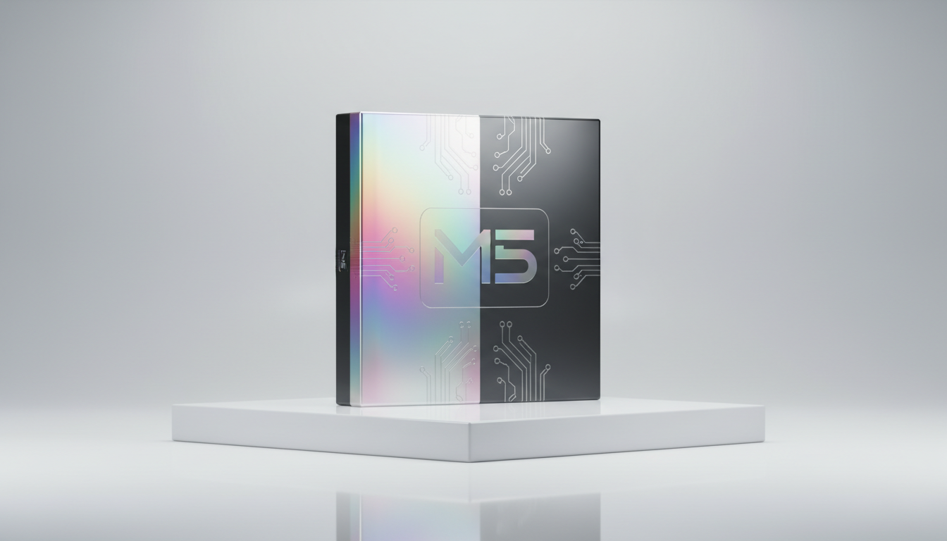 A precise digital illustration of a premium software package for MetaTrader 5, visualized as a sleek, closed box with a holographic sheen and subtle branding elements—such as a stylized M5 symbol and circuit motif—embossed on a silver and graphite background. The box is placed on a symmetrical, glossy white pedestal in a minimalist product showcase setting, under soft studio lighting that produces crisp edges and gentle reflections. The composition is centered and tightly framed, exuding a professional, high-value mood, perfect for promoting secure digital downloads in a modern fintech store.