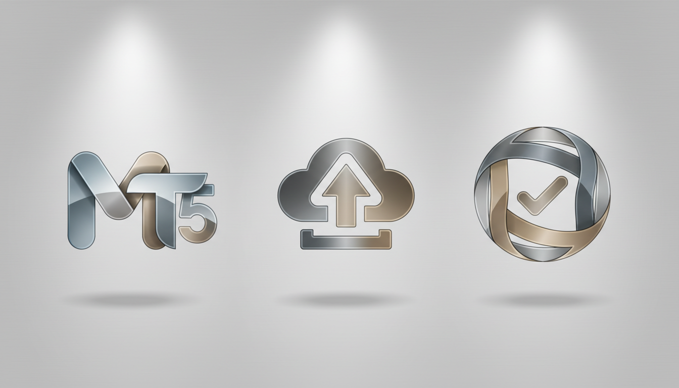 A polished, vector-style icon set featuring a rendered MetaTrader 5 logo, a stylized digital download symbol, and a secure payment shield, each crafted with smooth gradients and neutral metallic hues. The icons are arranged in a balanced grid on a light, softly textured background reminiscent of brushed aluminum, with gentle spotlighting casting discreet shadows to highlight their form. There are no text elements or people. The composition uses negative space for a clean, corporate appearance, embodying professionalism and modern fintech branding, perfect for visualizing advanced automated trading solutions.