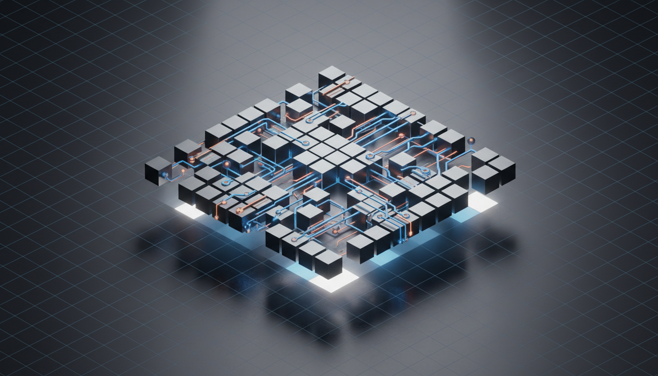 An isometric view of an abstract, digital trading server represented by interconnected silver-gray cubes and circuitry lines, floating above a polished charcoal surface. The environment is minimalist and slightly futuristic, with a structured grid layout and subtle ambient backlighting in neutral tones, producing reflective highlights and gentle diffused shadows. The scene conveys efficiency, system reliability, and complex data flow without clutter. The camera angle is slightly elevated, ensuring clarity of each component for a high-end, trustworthy fintech look in a clean, digital-art style.