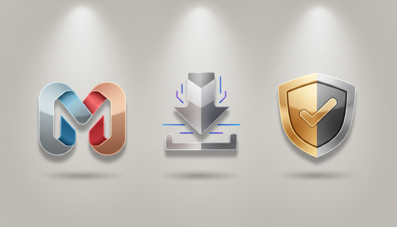 A polished, vector-style icon set featuring a rendered MetaTrader 5 logo, a stylized digital download symbol, and a secure payment shield, each crafted with smooth gradients and neutral metallic hues. The icons are arranged in a balanced grid on a light, softly textured background reminiscent of brushed aluminum, with gentle spotlighting casting discreet shadows to highlight their form. There are no text elements or people. The composition uses negative space for a clean, corporate appearance, embodying professionalism and modern fintech branding, perfect for visualizing advanced automated trading solutions.
