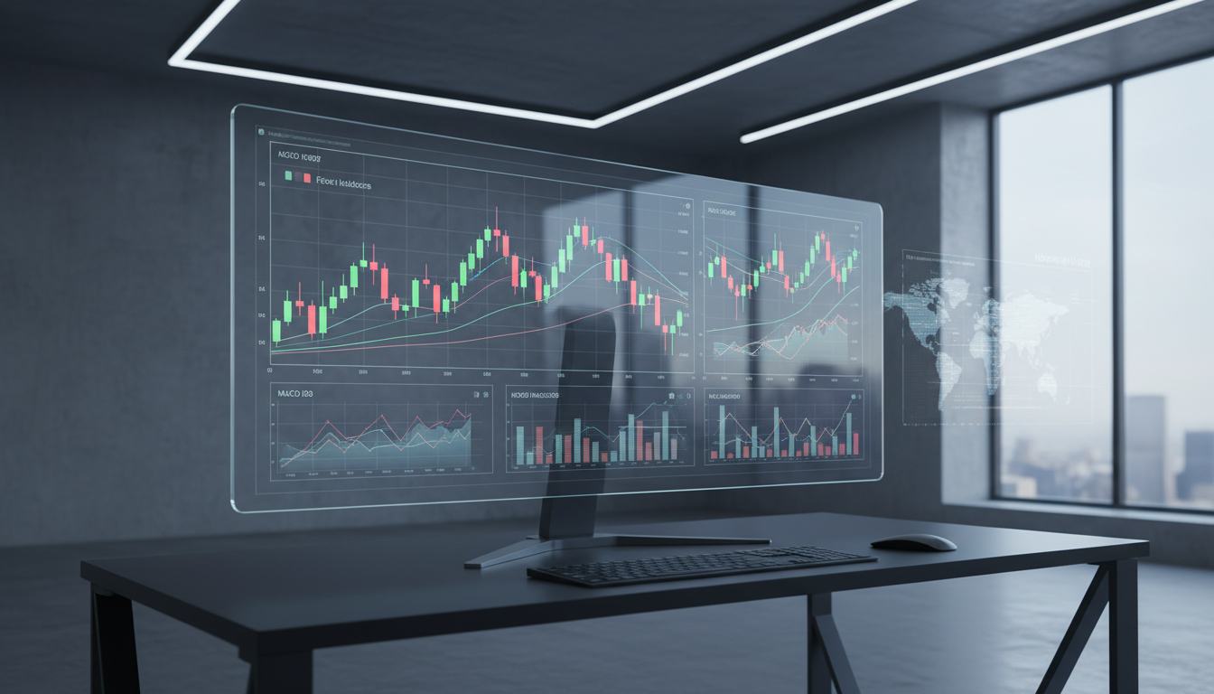 A sleek, stylized digital illustration of a high-tech trading dashboard displayed on an ultrawide glass monitor. The screen showcases dynamic candlestick charts, analytical graphs, and forex indicators, all rendered with crisp detail and subtle blue-gray and silver tones. The monitor sits on a matte black desk with clean edges in a minimalist, professional workspace, softly illuminated by diffused cool-toned ambient lighting that creates gentle gradients and subtle reflections on the glass surface. The composition is centered with a rule-of-thirds balance, projecting clarity and sophistication. The overall atmosphere is orderly and focused, evoking trust and professionalism in high-end fintech software. The digital-art style emphasizes clean lines, structured layout, and a contemporary corporate aesthetic.