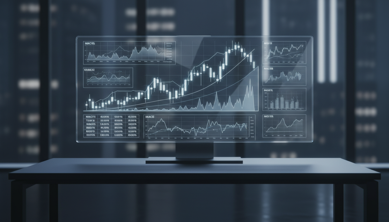 A sleek, stylized digital illustration of a high-tech trading dashboard displayed on an ultrawide glass monitor. The screen showcases dynamic candlestick charts, analytical graphs, and forex indicators, all rendered with crisp detail and subtle blue-gray and silver tones. The monitor sits on a matte black desk with clean edges in a minimalist, professional workspace, softly illuminated by diffused cool-toned ambient lighting that creates gentle gradients and subtle reflections on the glass surface. The composition is centered with a rule-of-thirds balance, projecting clarity and sophistication. The overall atmosphere is orderly and focused, evoking trust and professionalism in high-end fintech software. The digital-art style emphasizes clean lines, structured layout, and a contemporary corporate aesthetic.